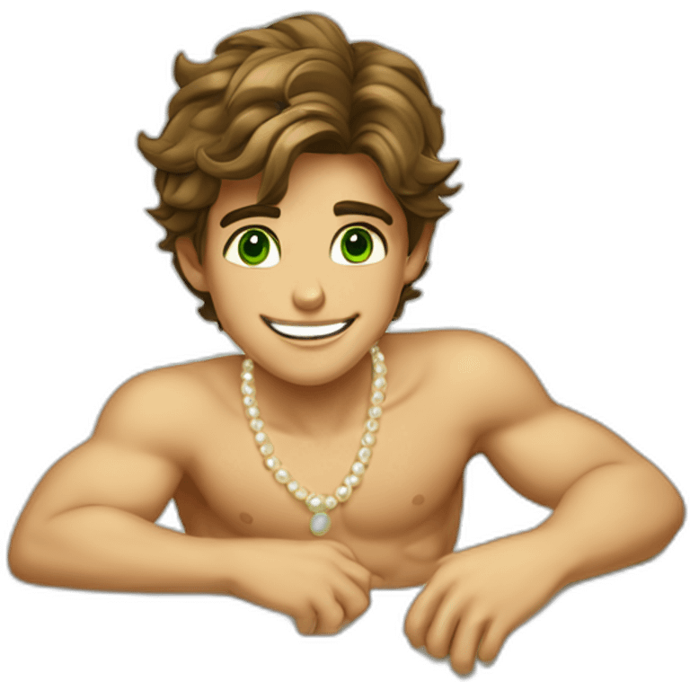 Posh-muscle-boy-brown-hair-green-eyes-pearl-necklace-in-golden-bathtub emoji