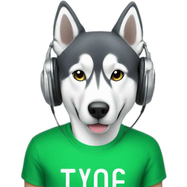 husky with headphones in a green T-shirt typing on the keyboard emoji