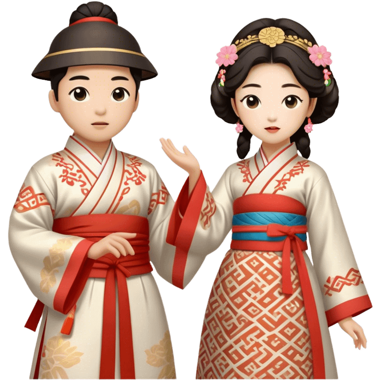 Cinematic Realistic scene of two performers engaging in Ganggangsullae, dressed in traditional Korean costumes with intricate patterns and graceful movements, illuminated by soft, festive lighting that accentuates the cultural ambiance emoji