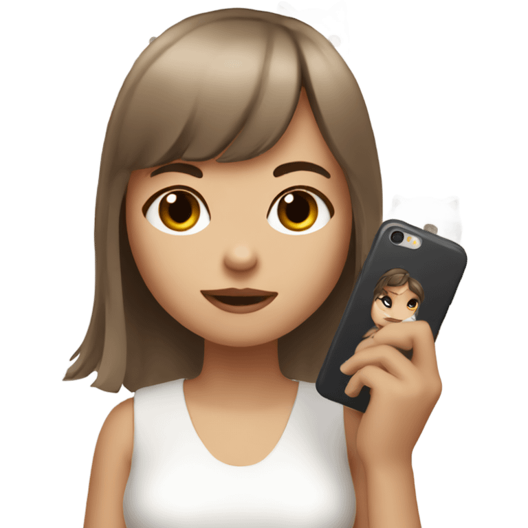 girl with brown hair and bangs using a white short dress holding a cat and a phone emoji