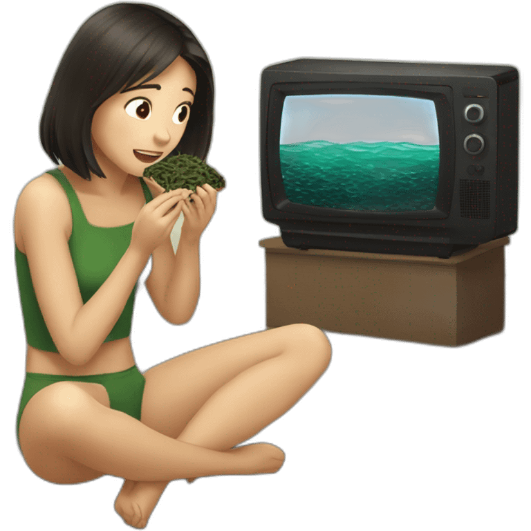 Girl watching television eating toasted seaweed emoji