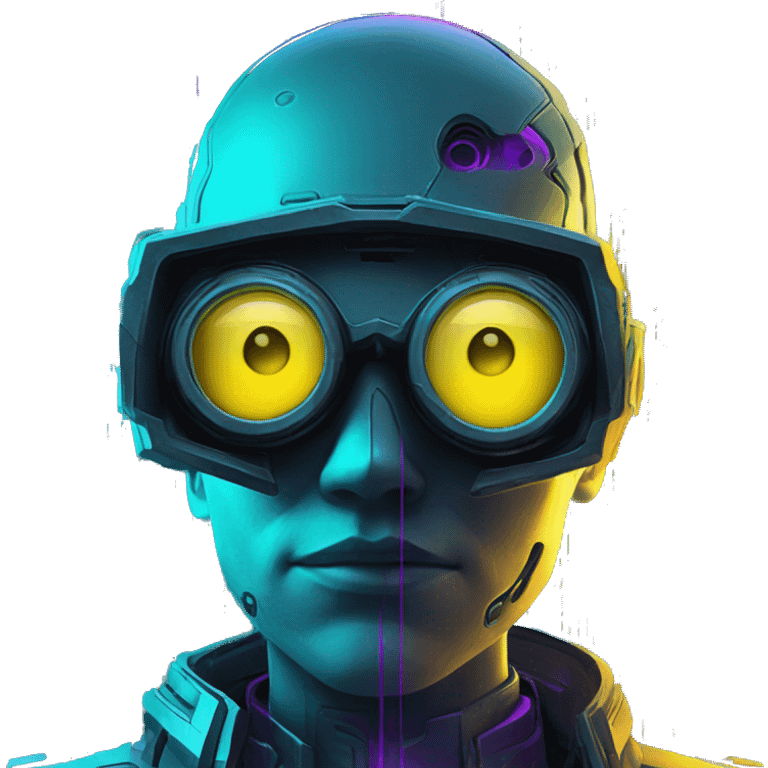 Secret human yellow emoji face agent with  cyberpunk elements with a spyglass scanning looking reviewing multicolor lines of code, cyan and purple colors, only upper body portrait emoji