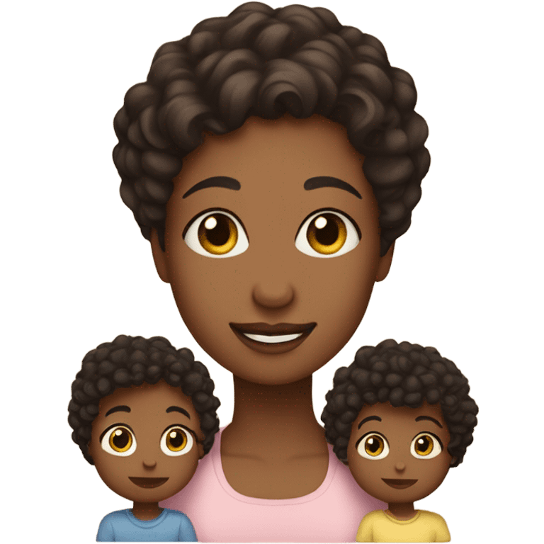 a mom with short dark brown curly hair and 2 babies one boy one girl emoji