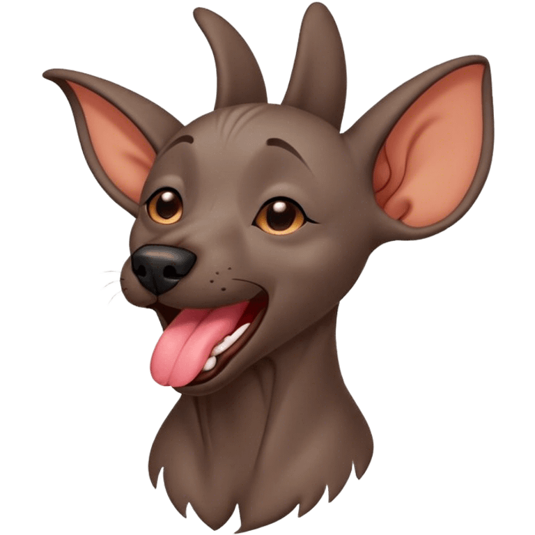 Cinematic Cute Yawning Xoloitzcuintle dog Portrait Emoji, Head tilted slightly with a dramatic, wide-open yawn, showcasing smooth, hairless ebony skin with gently relaxed wrinkles and floppy ears slightly drooping, round dark eyes barely open in drowsy contentment, Simplified yet irresistibly adorable features, highly detailed, glowing with a soft, cozy glow, high shine, relaxed yet expressive, stylized with a touch of whimsy, bright and endearing, soft glowing outline, capturing the essence of a sleepy yet affectionate guardian, so drowsy it feels like it could stretch out of the screen and curl up for a nap! emoji