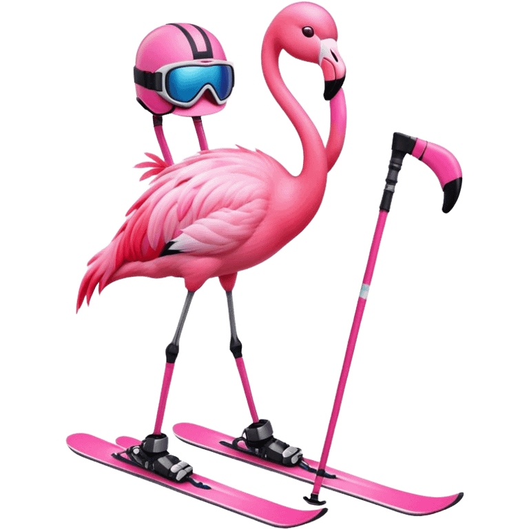 A Skiing Flamingo with ski helmet on the head , wearing ski goggles , ski and ski boots. With one head and two legs emoji