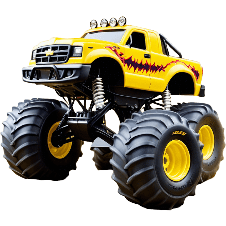 Maximum Destruction - Monster Jam (Model Year: 2021) (Iconic colour: Yellow with black flames) - A ferocious monster truck featuring a vivid yellow base accented by dramatic black flame patterns. Emphasize sharp, high-contrast flame streaks across the body, creating a look of aggressive, explosive energy. emoji