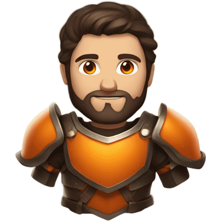 Confident White Man with dark brown hair and a short beard wearing large orange plate armor and glowing orange eyes that have orange smoke coming out of his eyes emoji