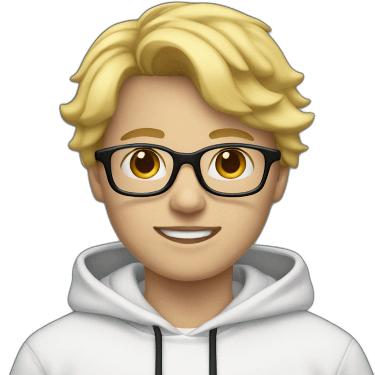 blonde boy with a white hoodie and black shoes and blue glasses and jeans emoji