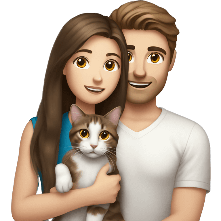 Long Brown hair girl and brunette white brunette man holding tabby cat  emoji