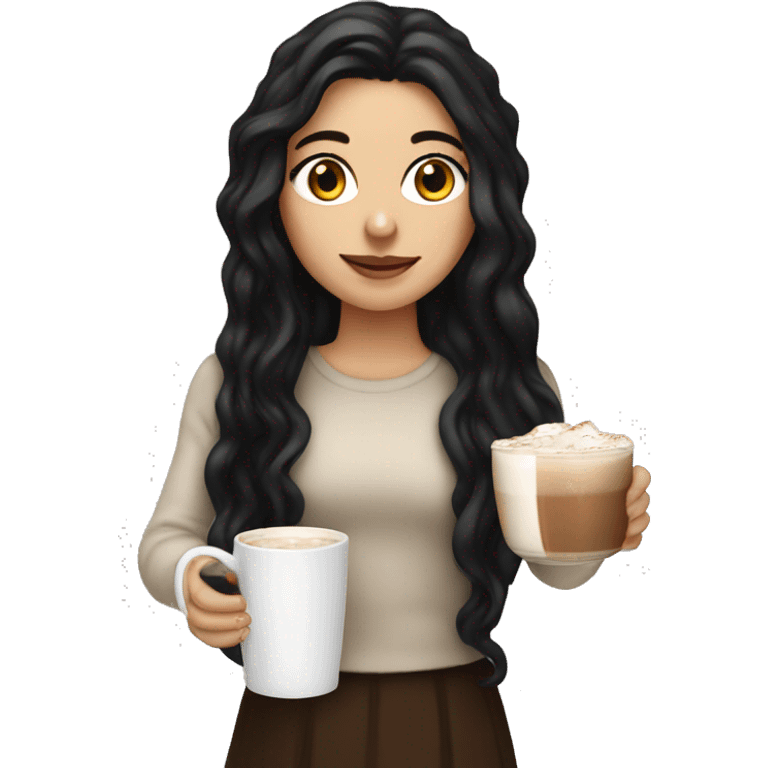 white girl with black long hair and a hot chocolate emoji