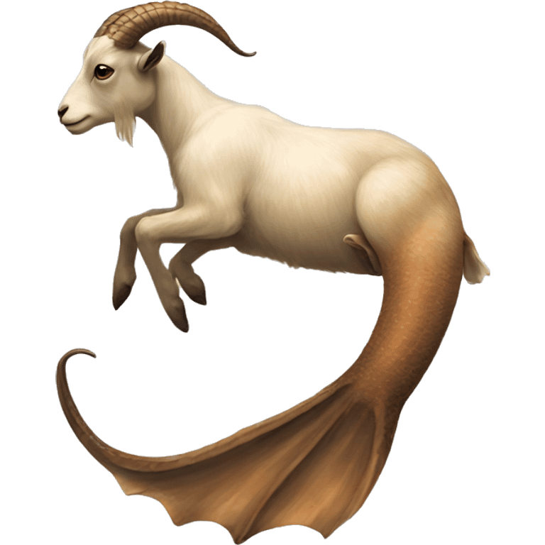 Goat attached to a long mermaid fish tail, creature mythology, earthy tones emoji