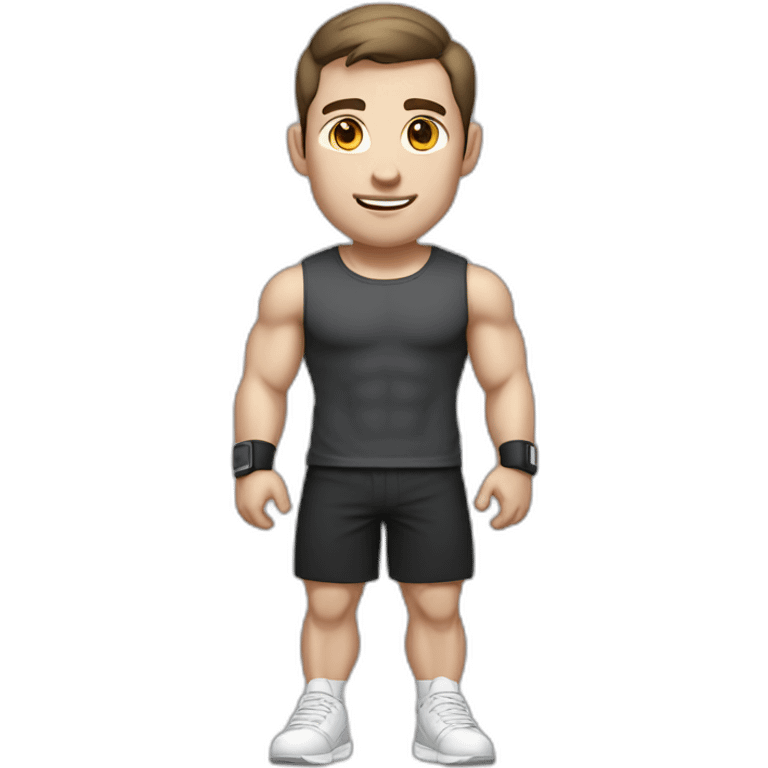 Pale skinned Fit Man With the biceps and dark brown hair in black shirt, gray sports shorts and white Sneakers emoji