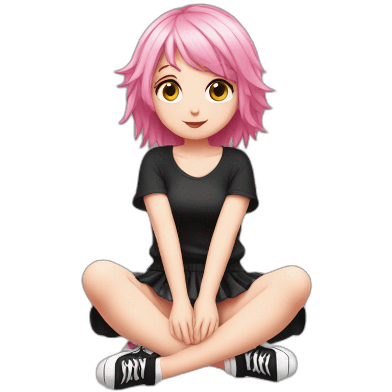 Full body Front view curvy emo girl pink hair sits on the floor straight view hands up black skirt белые трусики рваные полосатые чулки emoji