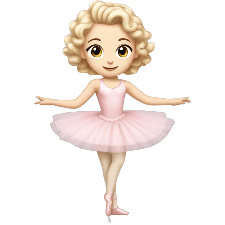 little girl with pale skin curly blonde hair and brown eyes wearing a light pink ballet outfit doing a ballet pose emoji