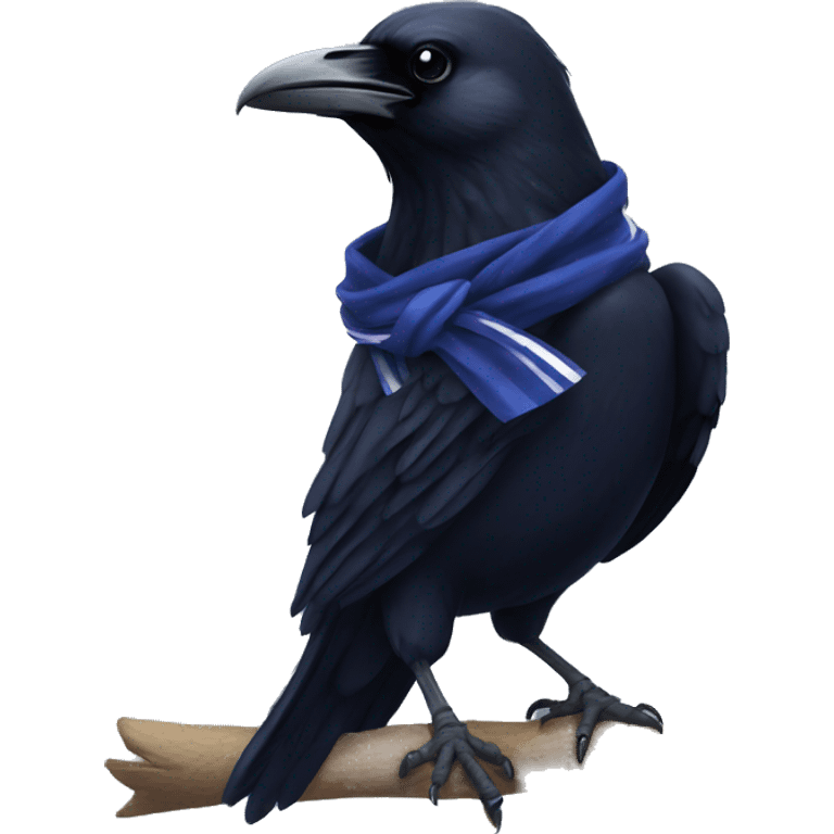 Raven with navy blue scarf with a little bit of silver stripes emoji