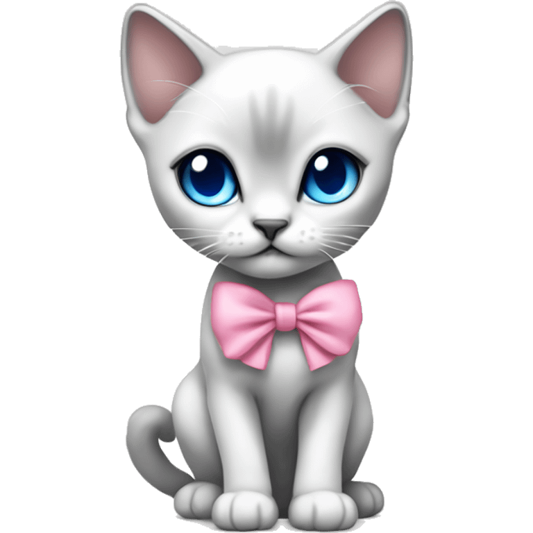 full body extremely cute big head kawaii white and gray siamese kitten with blue eyes and pink bow emoji