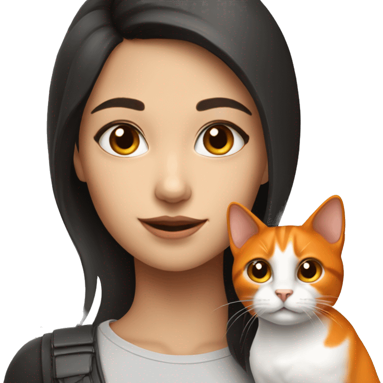 Brunette girl with tricolor cat black white and orange emoji