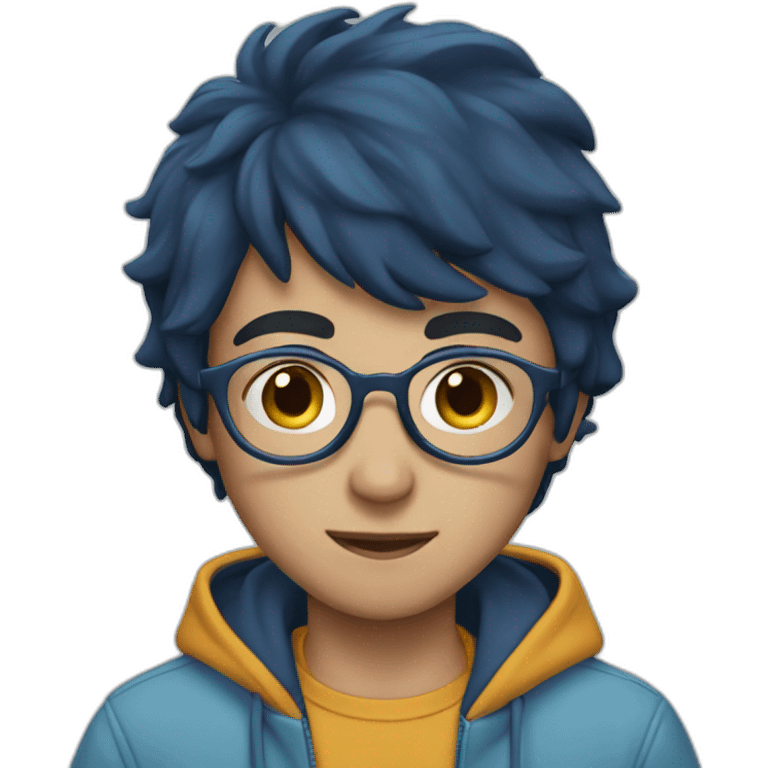 Boy, middle hair, dark blue hair, light blue hoodie, glasses emoji