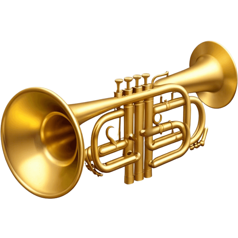 Cinematic Realistic Trumpet, rich golden brass with subtle tarnish marks, soft highlights emphasizing the intricate details, warm reflections of stage lighting bouncing off the metal, glowing with bold and triumphant energy. emoji