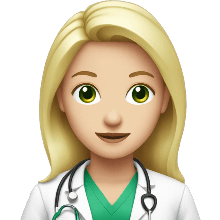 Blond woman doctor with green eyes wearing pink emoji