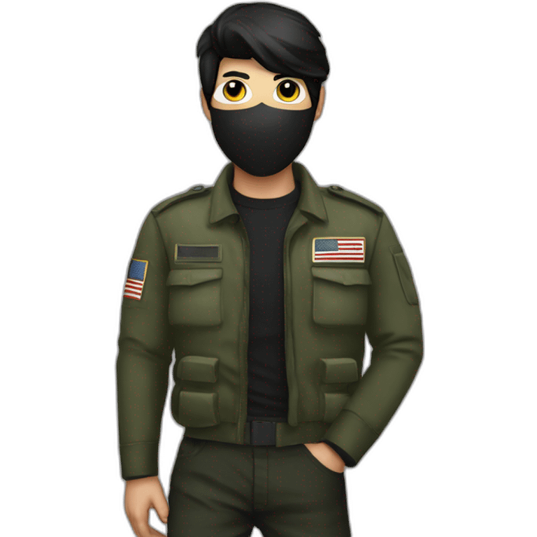 Poker face man, black hair and black mouth mask and black military pants emoji