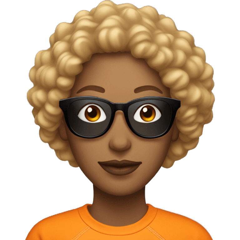 Woman with curly hair wearing orange sweatshirt and sunglasses with one missing lense emoji