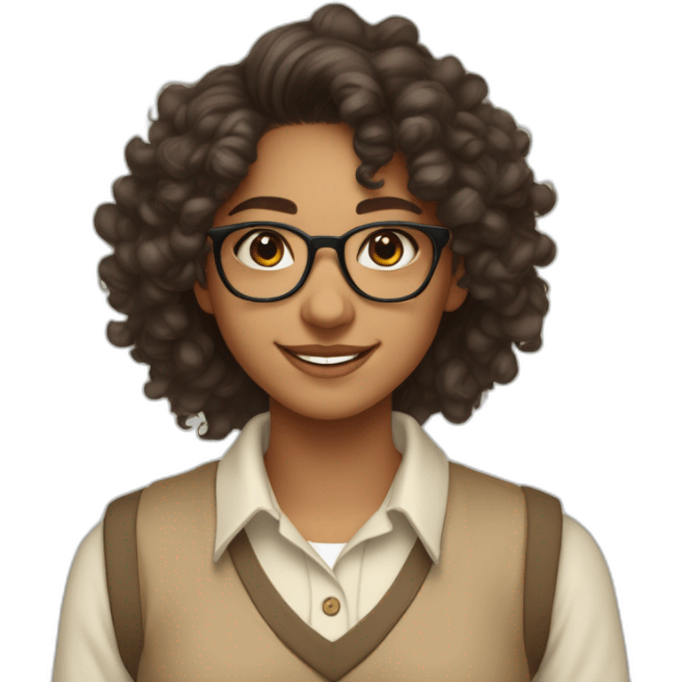 smiling indian teenage girl with curly hair and glasses wearing a collared long sleeve white shirt under a beige v shaped collar sweatervest emoji