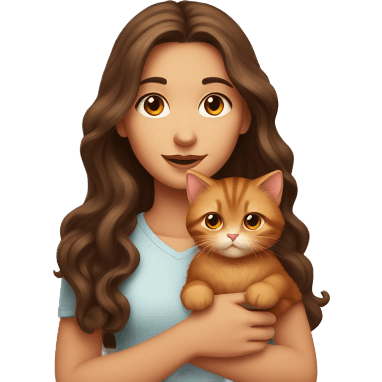 A girl with long wavy brown hair and brown eyes holds a red kitten emoji