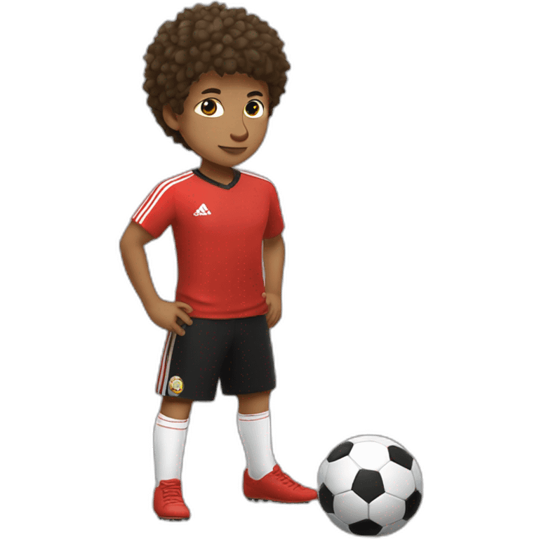 Young brown kid freestyling soccer ball on his head, spike haircut, red shirt, black trousers, soccer ball emoji