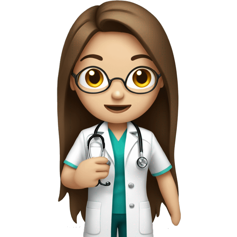 doctor girl with long brown hair and white skin, holds a stethoscope in his hands emoji