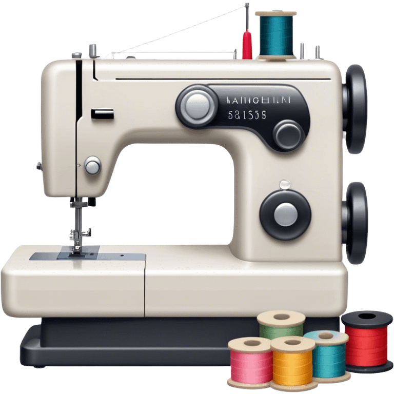 Sewing icon, sewing machine with thread, visible needle, spools of thread, fabric pieces cut according to patterns, measuring tape, pins, scissors, and dresses on mannequins, minimalistic style, clean lines, transparent background. emoji