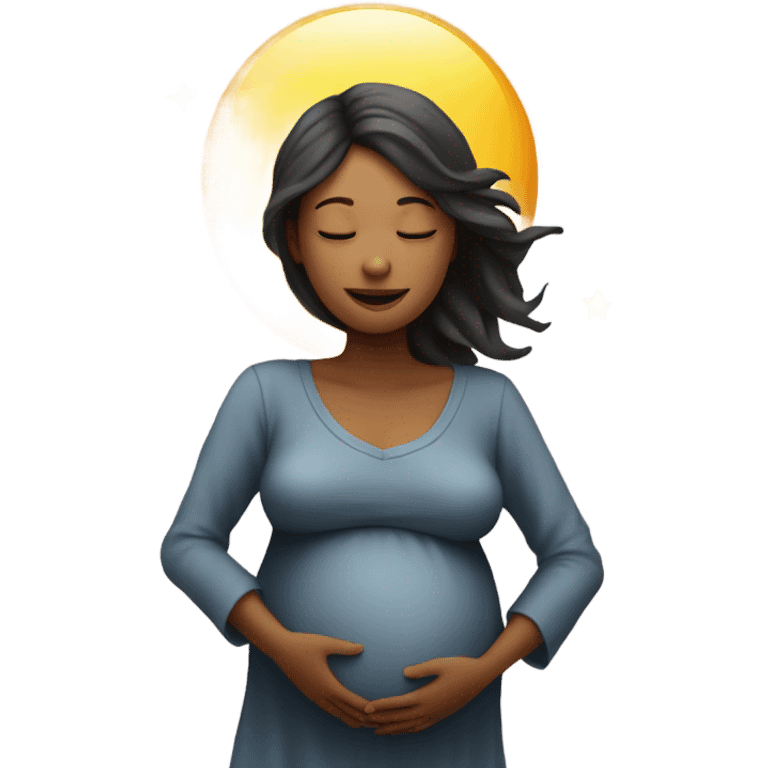 is a emoji of a pregnant woman with 12 star above her head, a shirt with the simbol of a emoji sun and a moon under the pregnant woman emoji