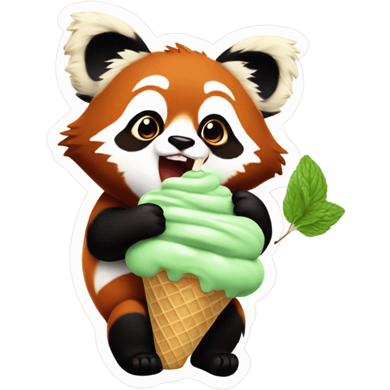 1 chubby extra large and small realistic Red panda eating mint chocolate chip ice cream  emoji