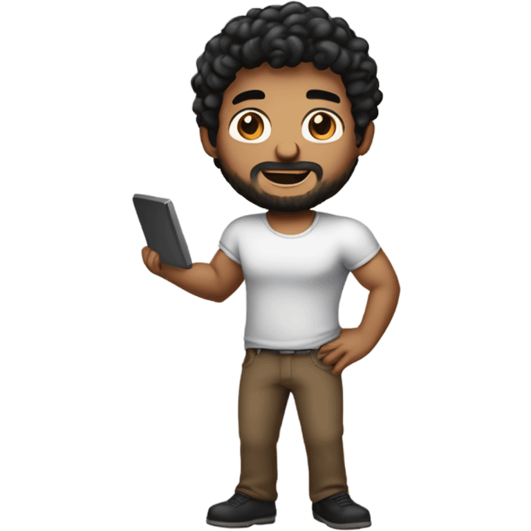 men holding his computer in hands. light brown skin men with curly black hair, dark brown eyes, little grown beard. ust a tiny bit muscular. dressed casual. round face. emoji