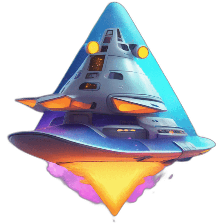 Spaceship in the shape of a triangle-cursor, taking off out of the sky with neon colors. There's fire and smoke coming from underneath the ship emoji