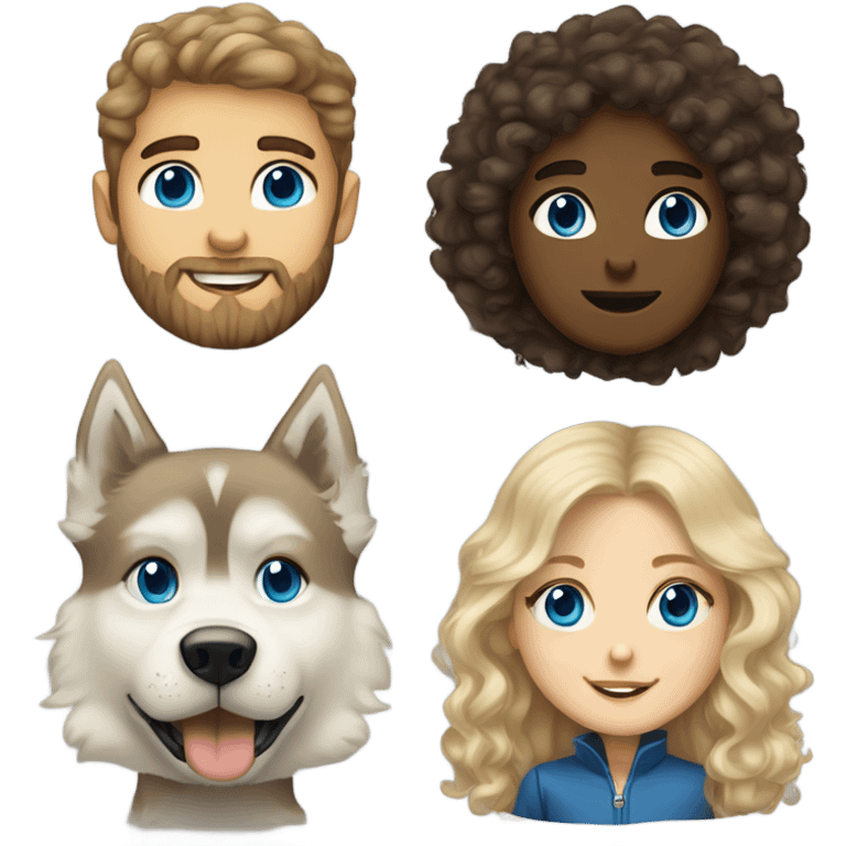 A blonde haired blue eyed girl and a brunette brown eyed boy with medium length curly hair and a beard with a husky  emoji