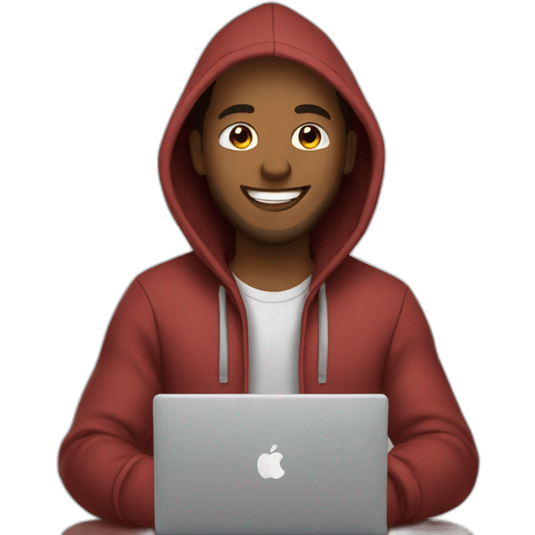 guy with hoodie typing infront of laptop no beard smiling emoji