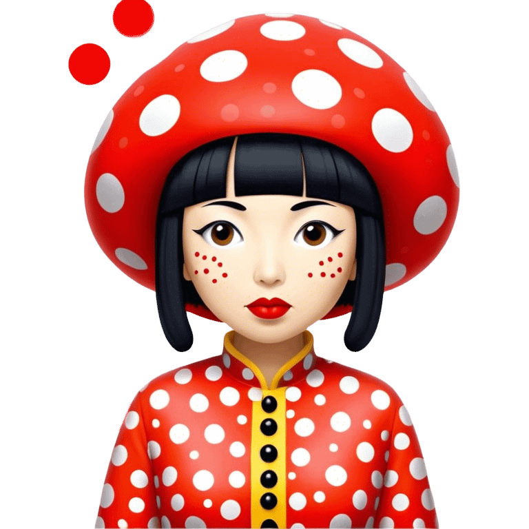 Yayoi Kusama – Cinematic Realistic Portrait of old Japanese artist Yayoi Kusama, depicted as an avant-garde artist with an eccentric, captivating expression surrounded by her iconic polka dot patterns, rendered with vivid textures and imaginative lighting that evokes her unique, surreal creative world. emoji