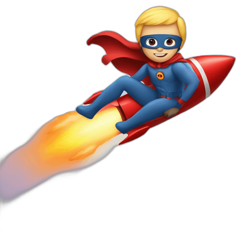 person dressed with a superhero cape is riding on a rocket emoji