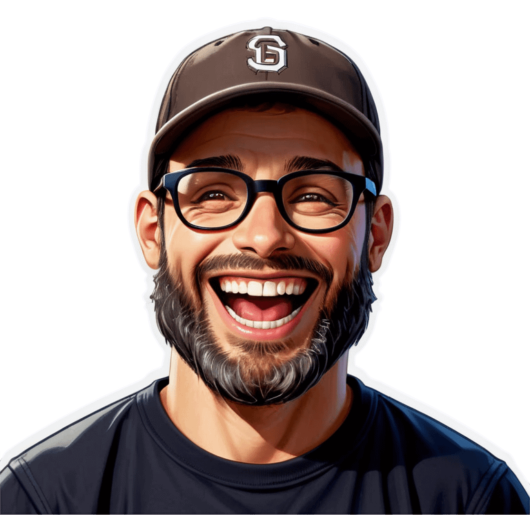 A man with a grey baseball cap, hazel eyes, big dark brown beard and glasses, laughing emoji