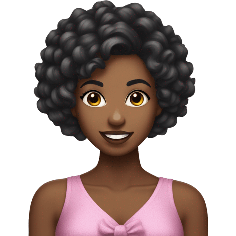 Black woman with short curly hair, long lashes, dimples, coquette hair Bow, wearing a criss cross top  emoji