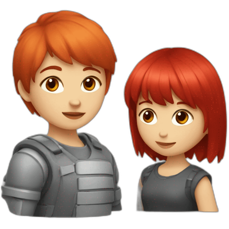 Girl with silver wolfcut hugging girl with red hair with bangs emoji