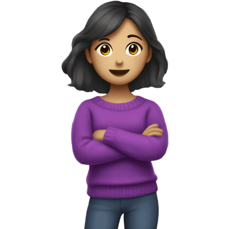 Half Asian girl with a bright purple sweater working at an art store and holding too many art supplies emoji