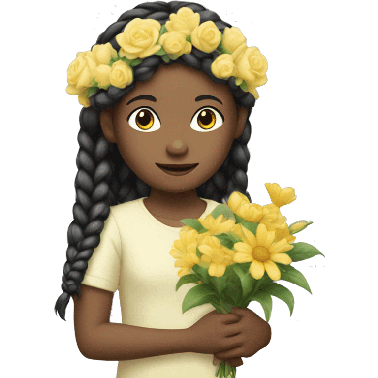 a white child black long hair in braids wearing a pastel yellow jumpsuit with white shirt in it and carrying a flower arrangement in her hands emoji