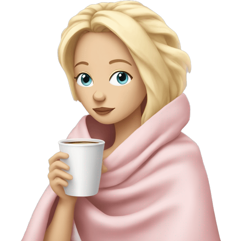 Blonde girl inside a light pink blancket sipping coffee eyes closed white skin blue eyes  emoji