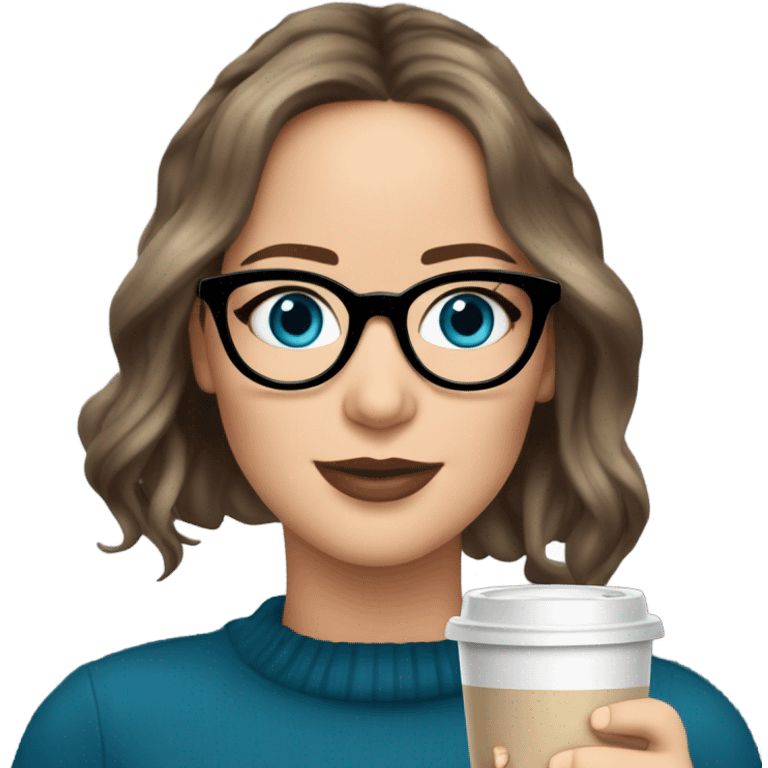 Photo of Brunette Jennifer Lawrence wearing black glasses and blue eyes drinking hot coffee  emoji