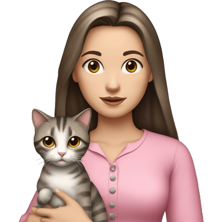 Brunette girl with straight hair in a pink blouse, holding a gray, striped, brown-eyed cat with a bow in her arms emoji