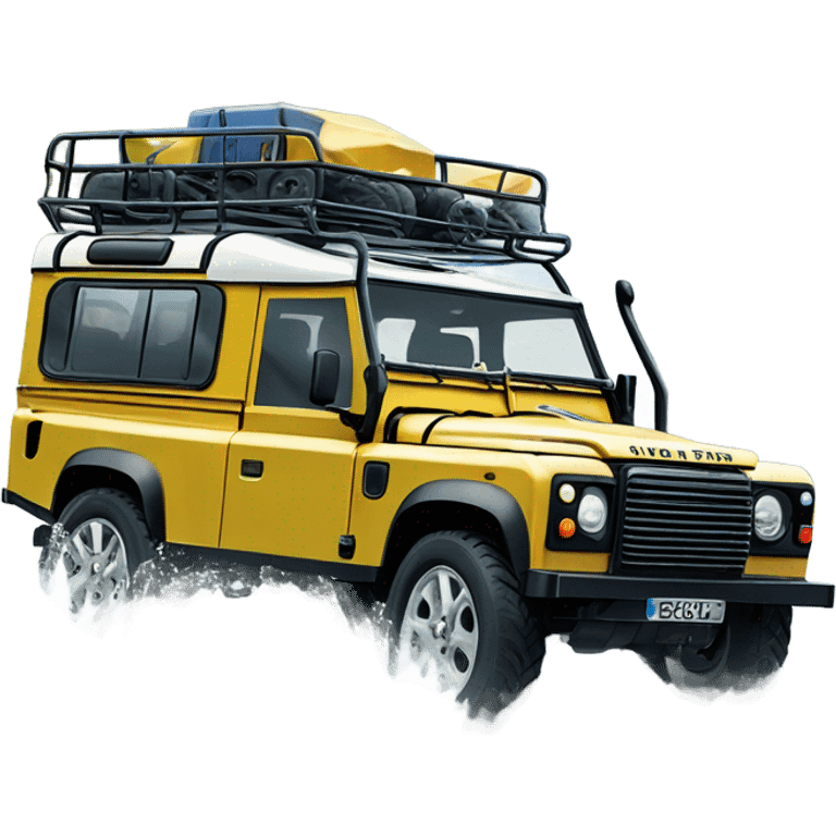 A four-wheel drive Land Rover crossing a shallow river in a rainforest, with trees in the background and splashing water, representing versatility and strength. emoji