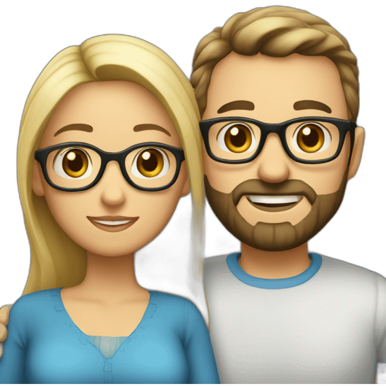 Couple in love. She has dark hair, blue eyes and wears glasses. He has short blond hair, three-day beard and wears glasses. emoji