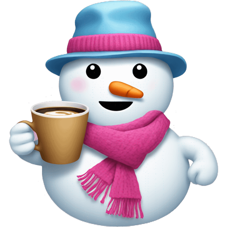 Snowman with pink scarf and a coffee  emoji